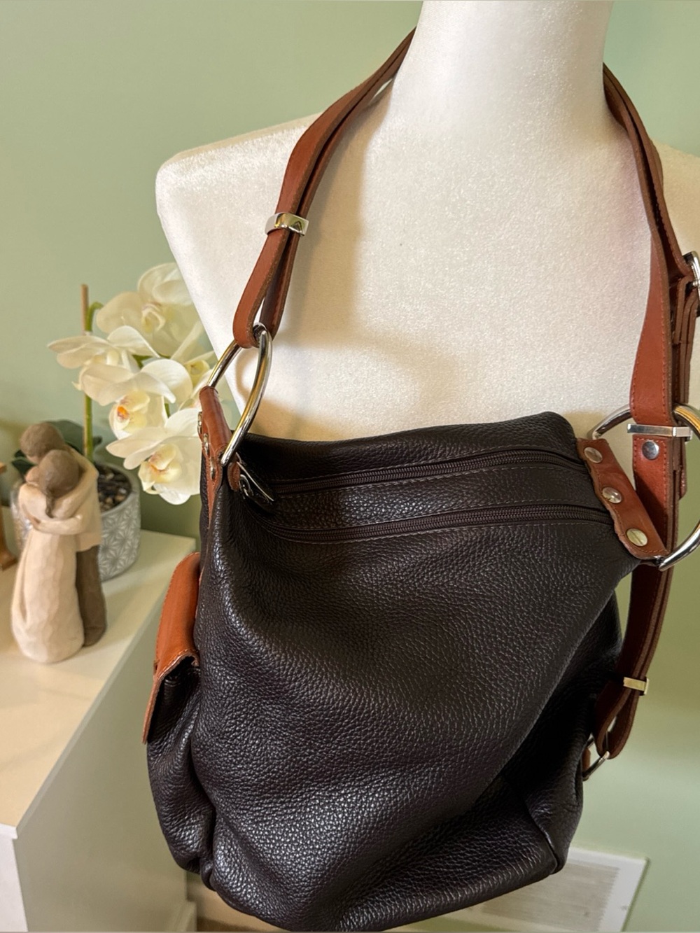Cristina Italy Genuine Leather Shoulder Bag Brown Pebbled Leather Cognac Trim